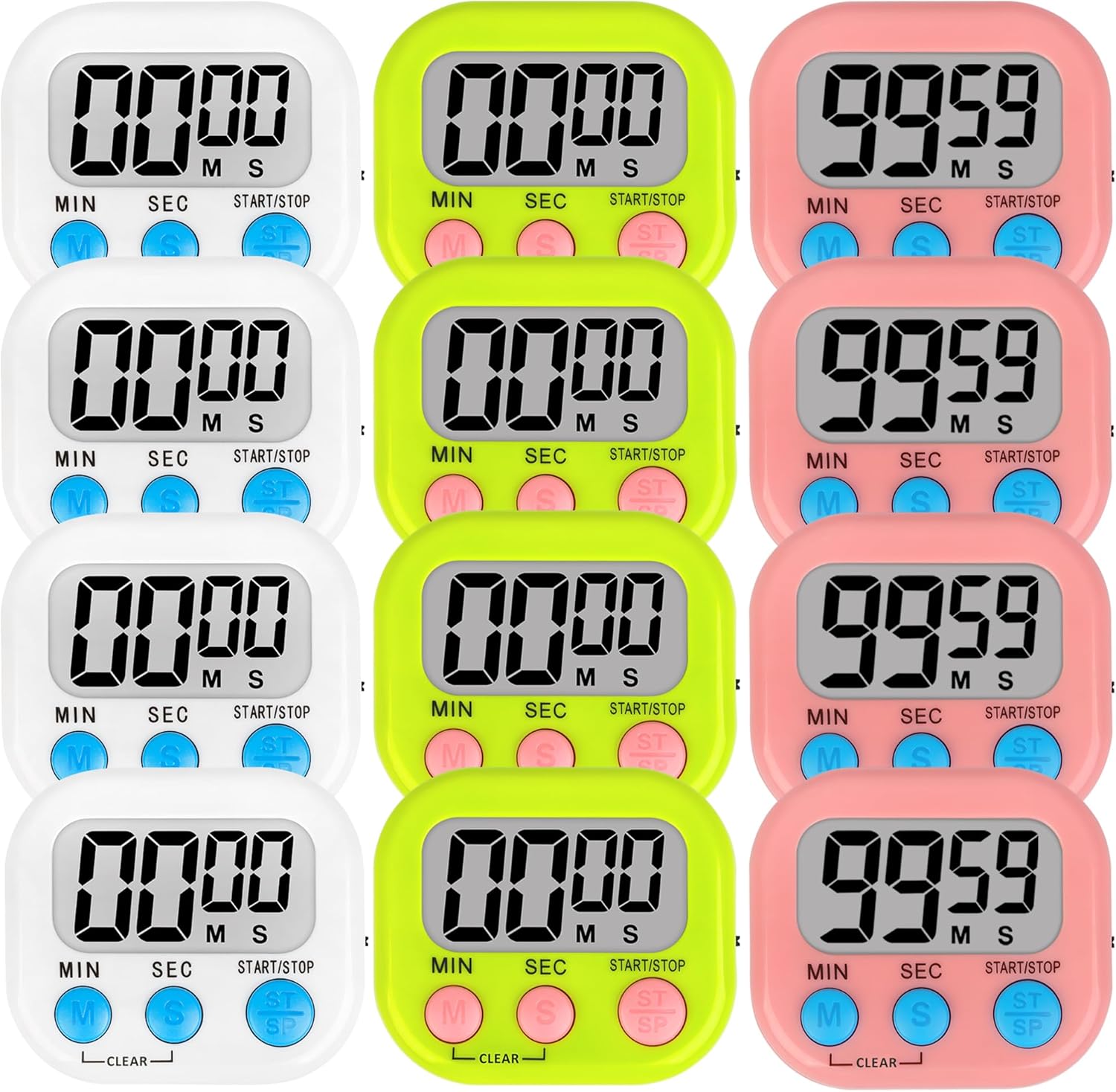 ZILLEEN 12 Pack Kitchen Timers for Cooking Digital Classroom Timers for Kids Teachers White Green Pink