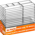 Criusia 36 Pack Large Clear Plastic Drawer Organizer Bins - 6 Size Acrylic Kitchen Drawer Organization and Storage for Utensils Gadgets, Office Bathroom and Vanity Organizer for Makeup Accessoires