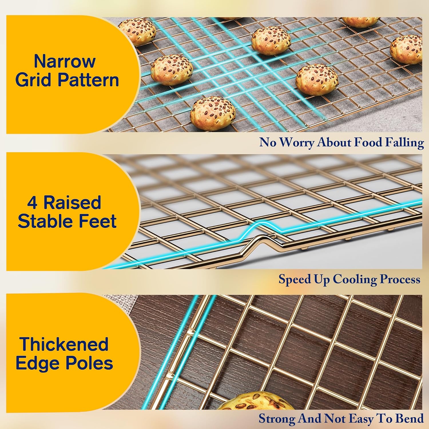 2PCS Cooling Racks for Cooking and Baking - 10" x 16"Heavy Duty Stainless Steel Wire Rack for Baking, Grilling, Roasting - Oven & Dishwasher Safe - Fits Half Sheet Pan（Gold）