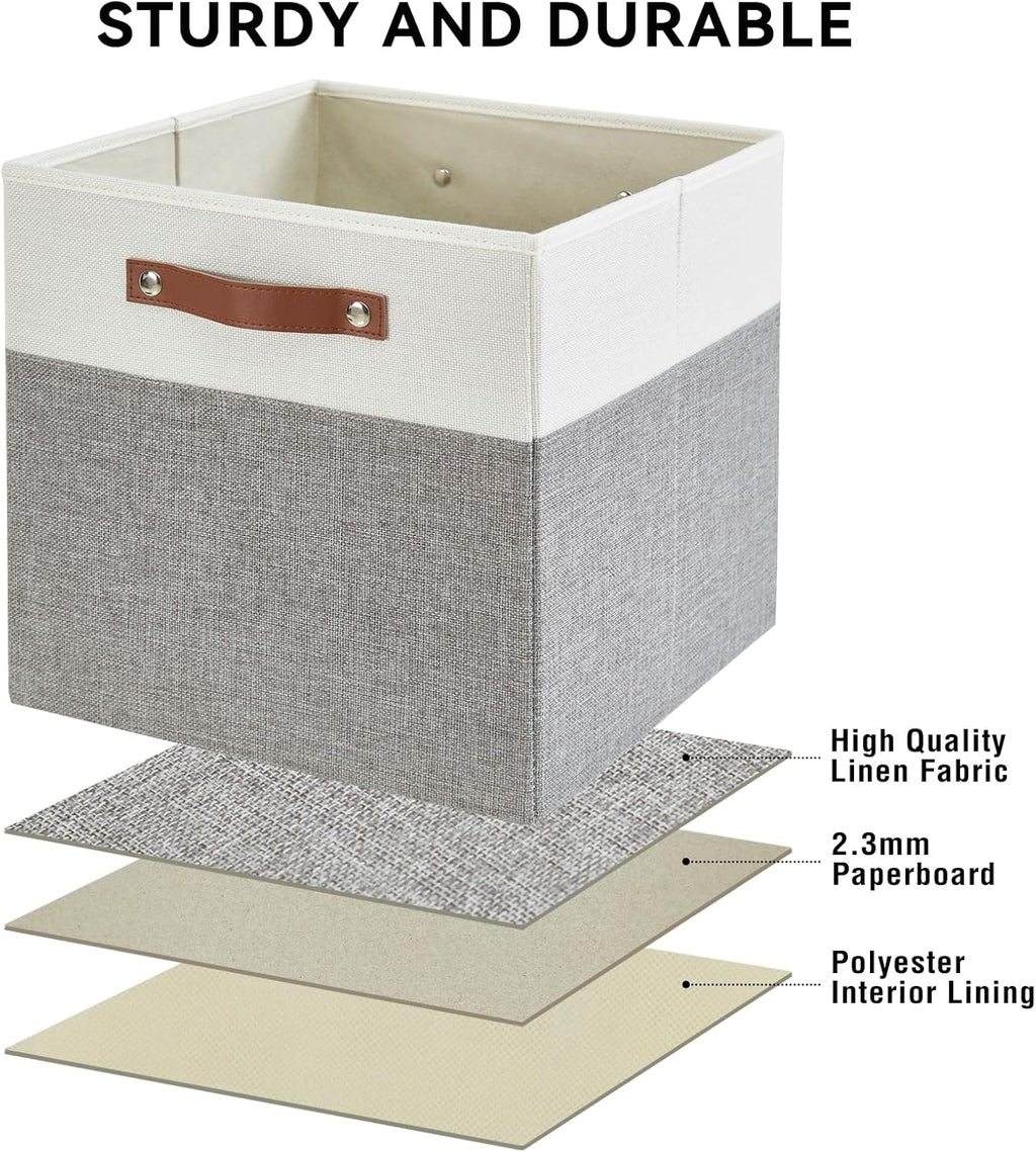 Collapsible Fabric Storage Cube Bins with 2 Reinforced PU Handles, Foldable Storage Organizer Baskets for Closet, Shelves, Living Room | 11"x11"x11", 4 Pack, Gray & White