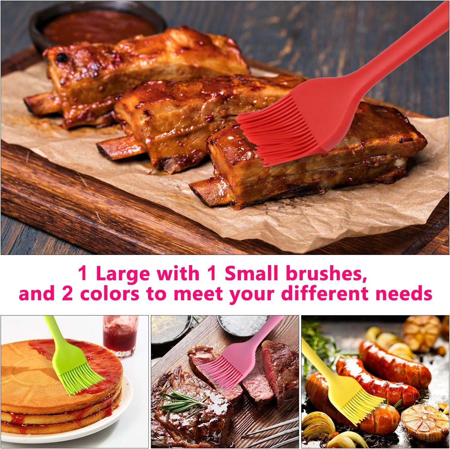 Silicone Basting Pastry Brush Set 2 Pack Heat Resistant Spread Oil Butter Sauce for BBQ Grill Barbeque Kitchen Baking Cooking Pastries, 1 Large & 1 Small