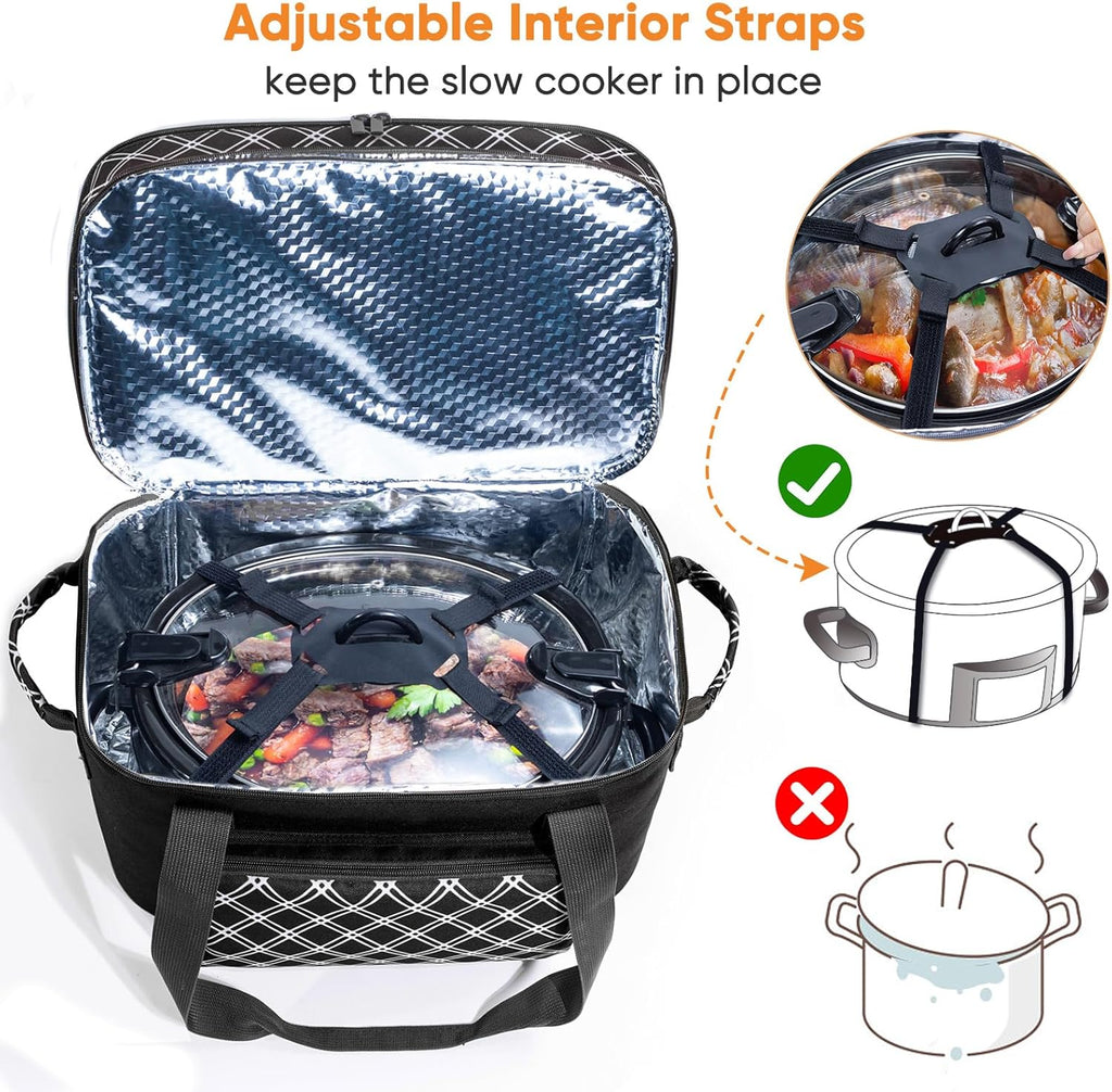 Double Layer Slow Cooker Carrier Bag – Fits 6–8 Qt Oval Slow Cooker Compatible with CrockPot & Hamilton Beach | Insulated Travel Tote with Utensil Storage & Adjustable Straps