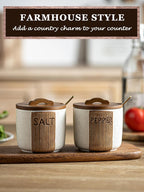 Salt and Pepper Bowl Ceramic, 10 Oz Salt and Pepper Cellar with Lid and Spoon, Farmhouse Salt Containers for Countertop, White