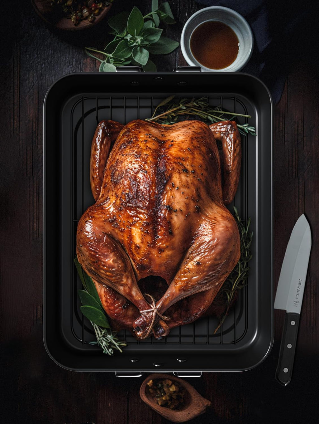 CHEFMADE Large Roasting Pan, 16-Inch Turkey Roasting Pan with V Rack, Nonstick Baking Pan for Lasagna Vegetable and Meat 16.3" x 12.52" x 3.11"