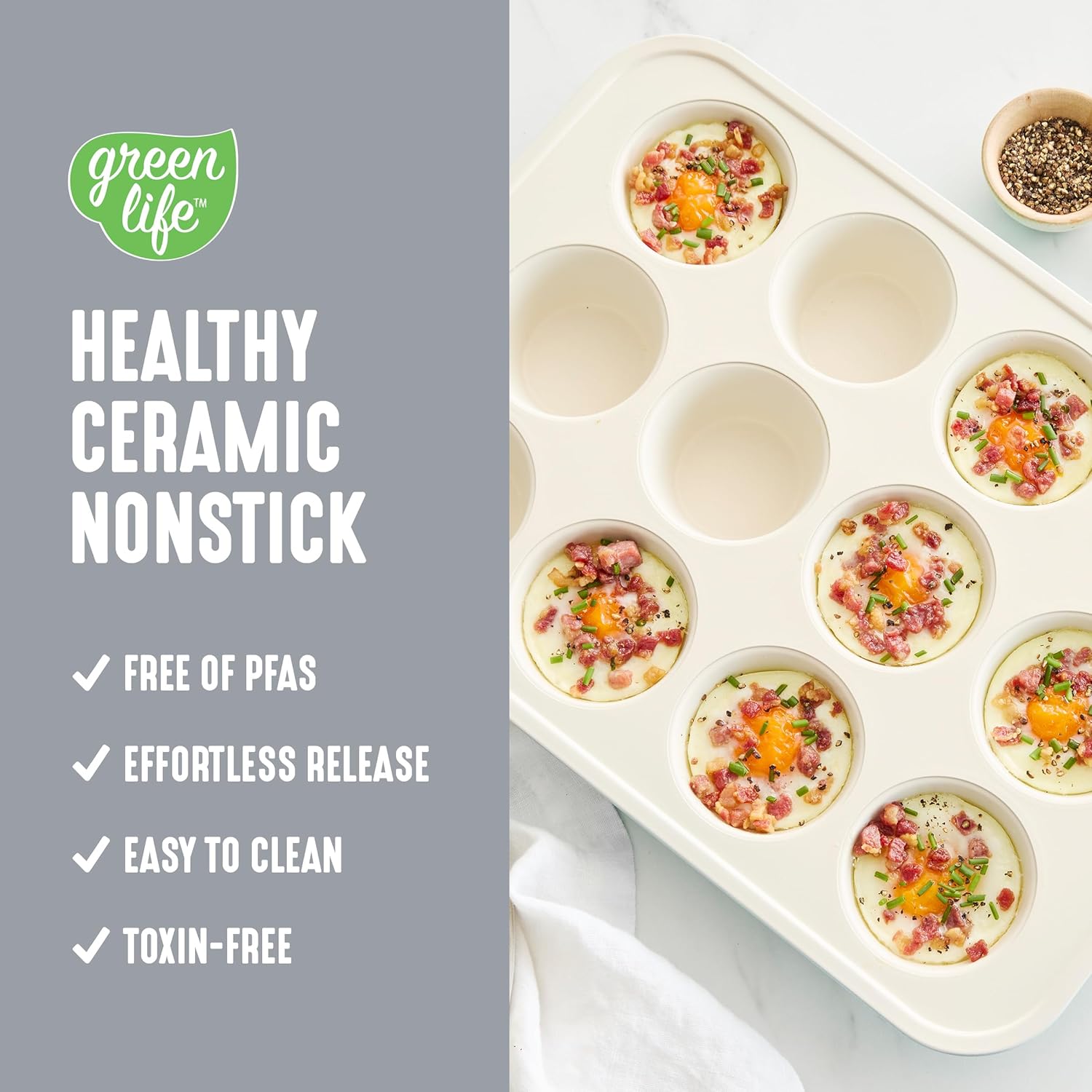 GreenLife 12-Cup Muffin Pan, Healthy Ceramic Nonstick Bakeware, PFOA & PFAS-Free Cupcake Sheet, Durable Baking Tray, Versatile Kitchen Essentials, Easy Clean Muffin Mold, Nonstick Baking Pan, Gray