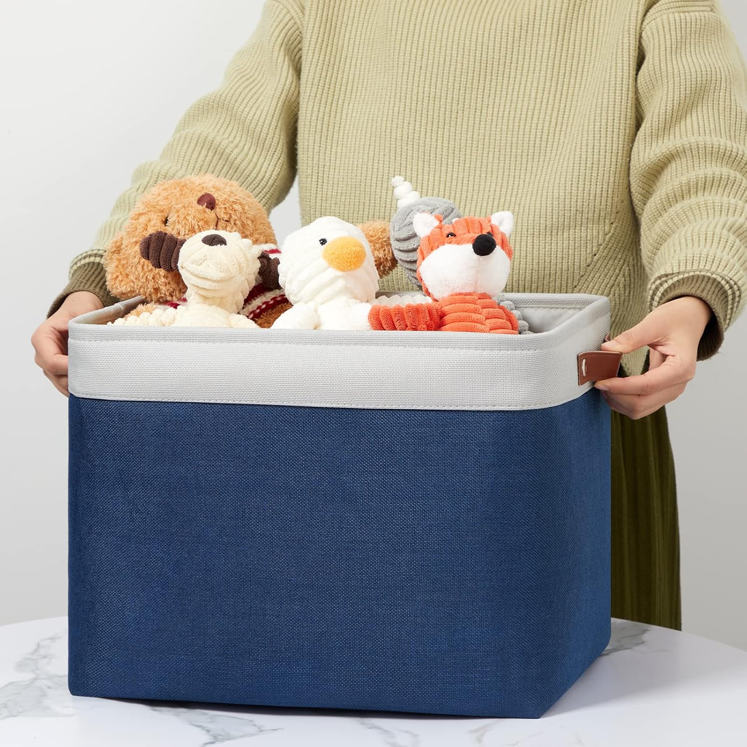 DULLEMELO Large Rectangular Baskets for Storage 16"x12"x12" [2 Pack] Collapsible Storage Baskets for Organizing Closet, Clothes, Toys (White & Blue)