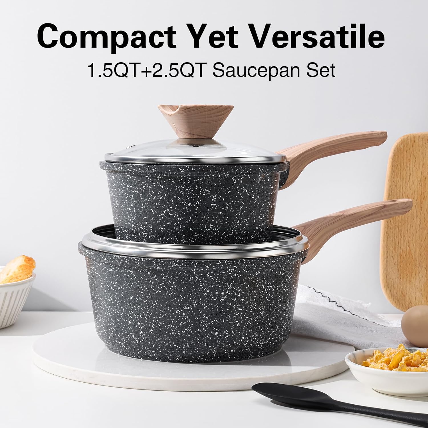 Kordisen Sauce Pan Set with Lid, 1.5QT & 2.5QT Non Stick Small Pots with Granite Coating, Saucepan with Pour Spout, Multipurpose Induction Cooking Pans, PFOA/PFOS Free