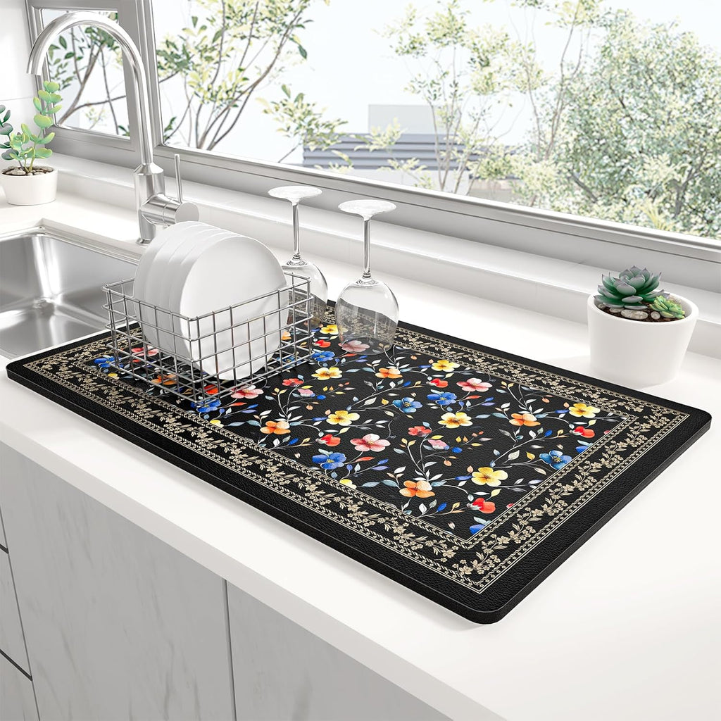 Rnivvi Dish Drying Mat for Kitchen Counter, 12 x 19" Cute Flower Theme Super Absorbent Draining Pad, Non-Slip Heat Resistant Coffee Bar Mat for Coffee Machine Station Accessories, Retro Dish Rack Pad