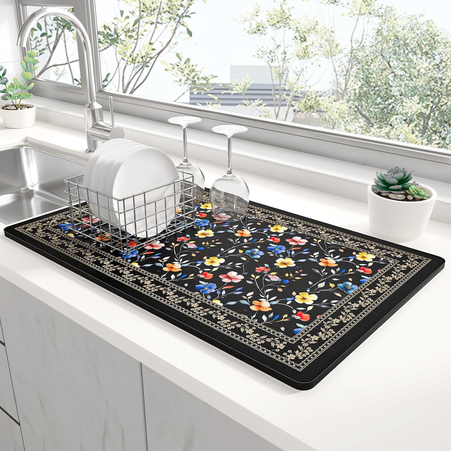Rnivvi Dish Drying Mat for Kitchen Counter, 12 x 19" Cute Flower Theme Super Absorbent Draining Pad, Non-Slip Heat Resistant Coffee Bar Mat for Coffee Machine Station Accessories, Retro Dish Rack Pad