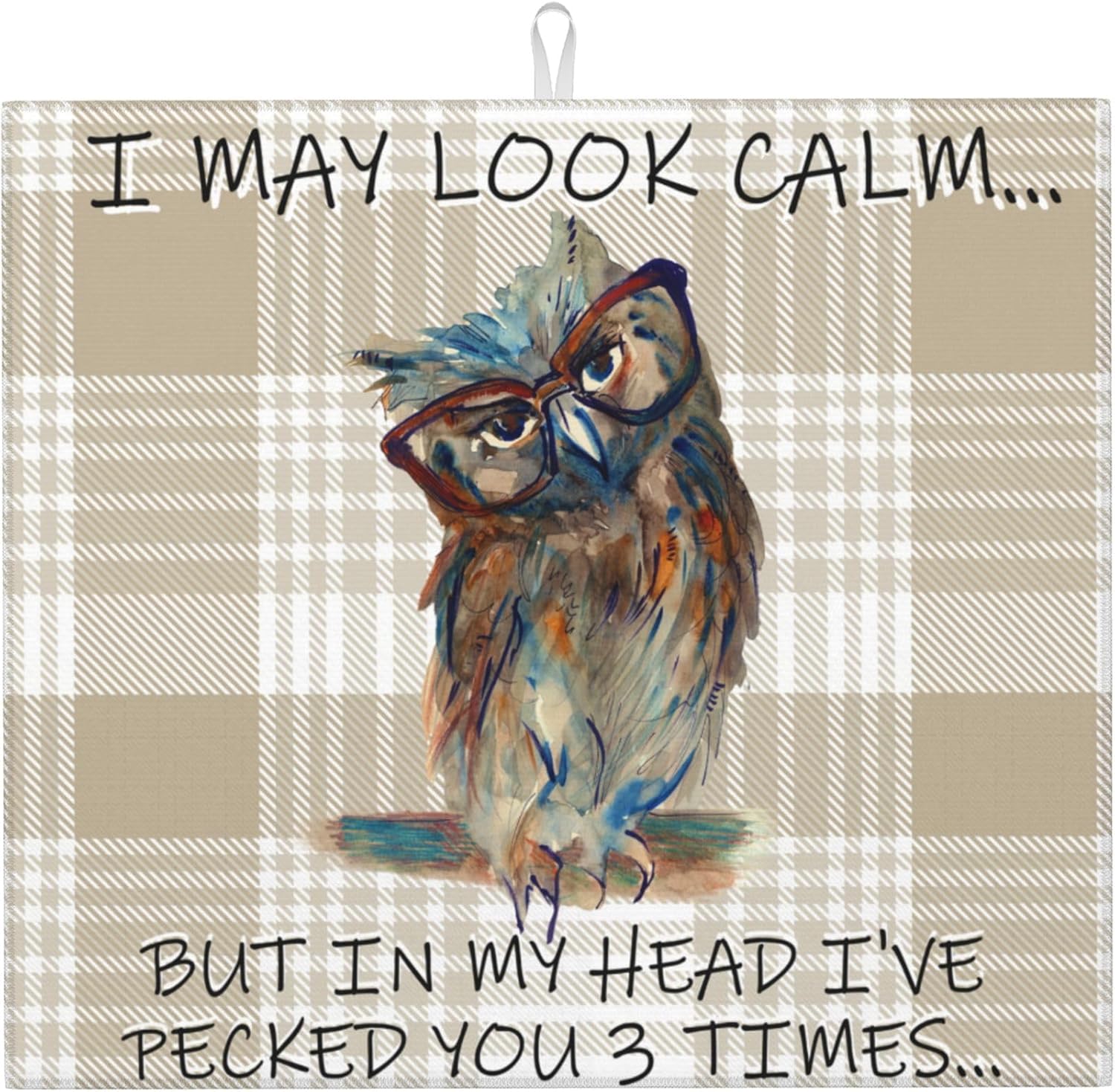 Funny Owl Dish Drying Mat for Kitchen Counter Cute Buffalo Plaid Drying Mat Washable Absorbent Reversible Microfiber Drying Pad Kitchen Accessories 16"x18"