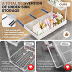 1-Pack L-Shape Expandable Under Sink Organizer with 3 Ball-Bearing Slide Rails,2-Tier Pull-Out Under Cabinet Storage Shelf for Kitchen & Bathroom,Height-Adjustable Slide-Out Cabinet Drawer-White