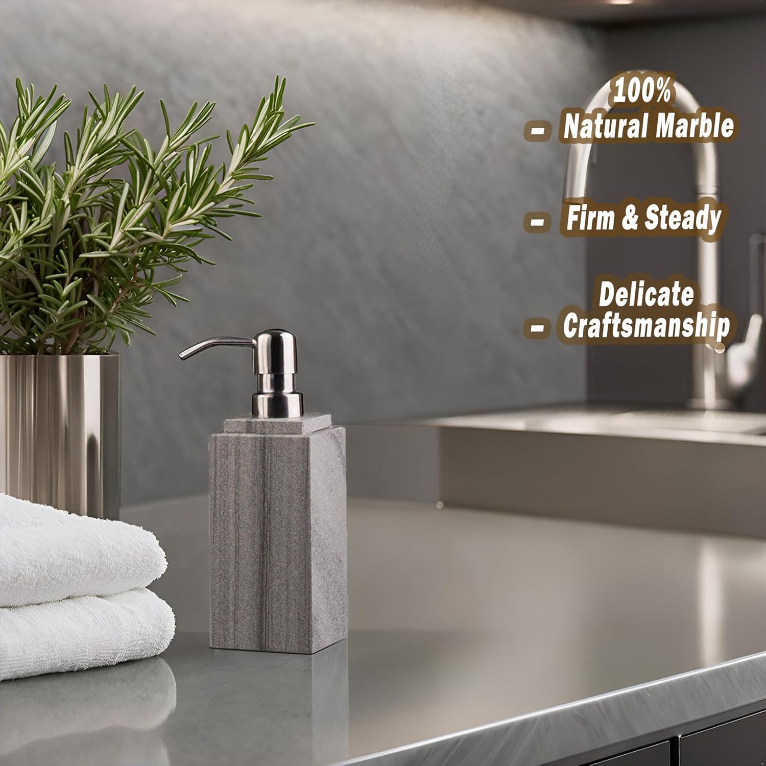 Hand Liquid&Lotion Soap Dispenser Pump Bottle Natural Marble for Kitchen Bathroom Countertop Laundry Room Holds Dish Soap Shampoo Laundry Liquid Shower Gel (Grey Sand)