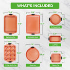 NutriChef 8-Piece Baking Pans Set - Nonstick Bakeware Set w/Silicone Handles, Includes 12 Cup Muffin, Round Cake, Pizza, Loaf & Square Pan, & Cookie Sheet - Dishwasher Safe & Easy Cleanup - Copper