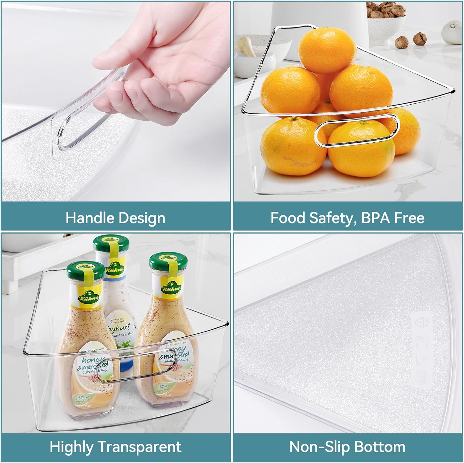 Oubonun Lazy Susan Organizers Set of 6, 12.8’’ x 11.7’’ x 4’’ Plastic Transparent Kitchen Cabinet Storage Bins with Handle, 4" Deep Container, 1/8 Wedge - Food Safe, without BPA
