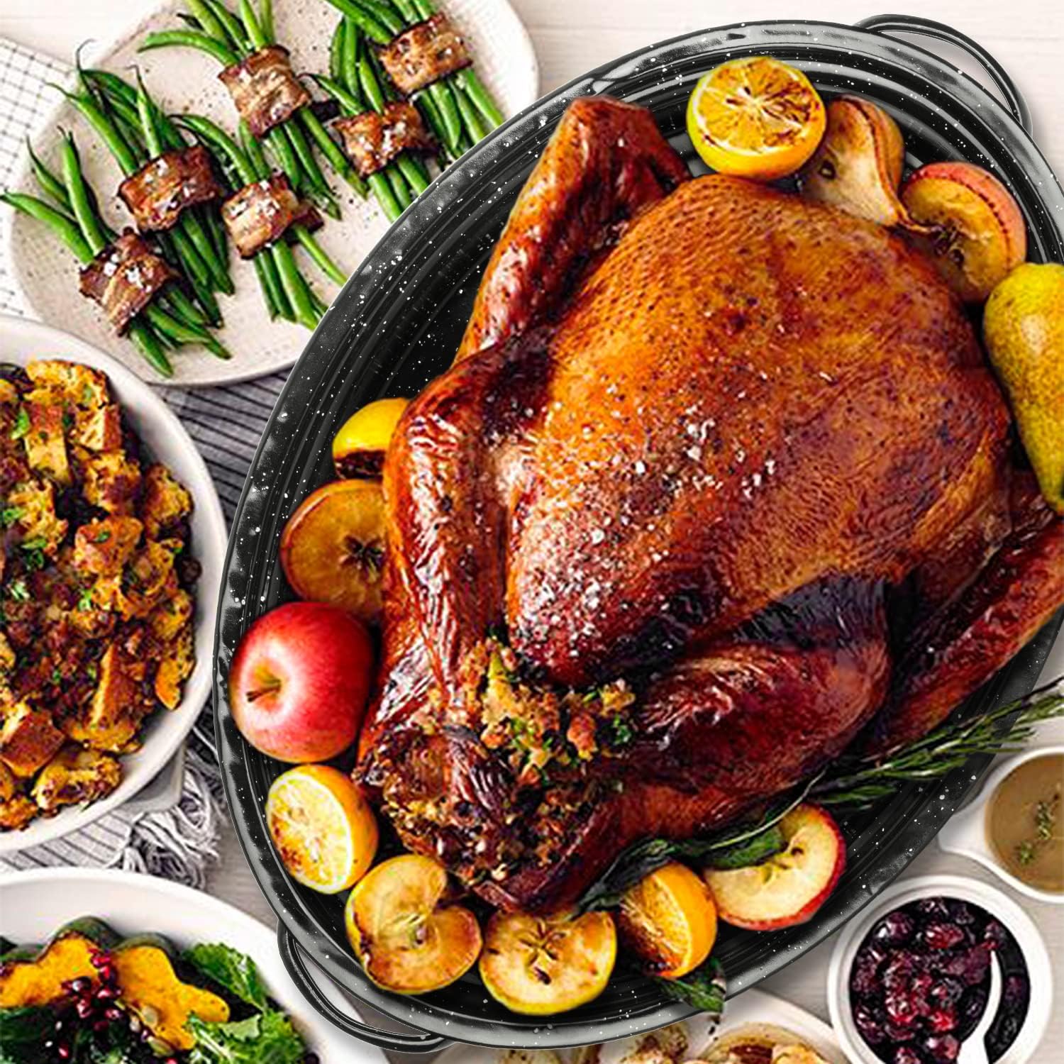 Granite Roaster Pan, 19” Enameled Roasting Pan with Domed Lid. Oval Turkey Roaster Pot, Broiler Pan Great for Turkey, Chicken, Lamb, Vegetable. Dishwasher Safe Cookware Fit for 20Lb Turkey by Kendane