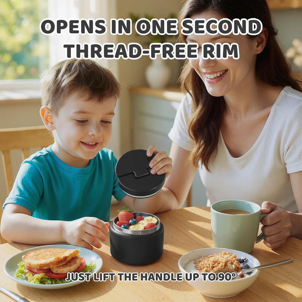 14.5oz Soup Thermo for Hot Food Kids Vacuum Insulated Food Jar Twist-Free Soup Thermo for Hot Food Kids Leakproof Stainless Steel Wide Mouth Lunch Container (Black)