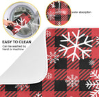 Snowflake Buffalo Plaid Dish Drying Mat for Kitchen Counter Christmas Absorbent Microfiber Drying Pad, Lager 18x24 in, Reversible Drainer Mats