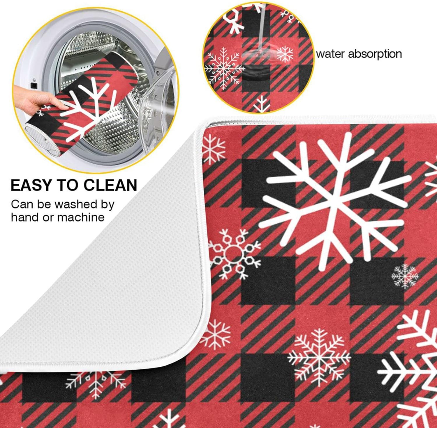 Snowflake Buffalo Plaid Dish Drying Mat for Kitchen Counter Christmas Absorbent Microfiber Drying Pad, Lager 18x24 in, Reversible Drainer Mats