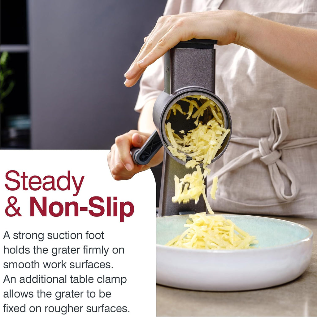 Zyliss Rotary Cheese Grater, Aluminium, 3 Steel Drum Blades, Cheese, Vegetable, Chocolate, Nut, Fruit Grater with Handle, Non-Slip Suction Foot and Table Clamp, 5 Year Guarantee