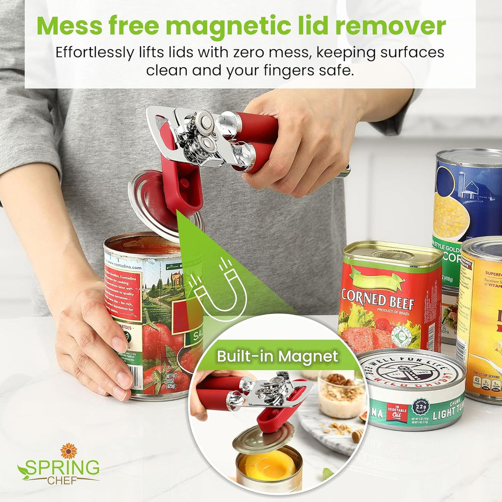 Spring Chef Stainless Steel Can Opener - Manual with Soft Grip Handles, Easy Turn, Heavy Duty Hand Can Opener for Seniors with Smooth Edge - Red