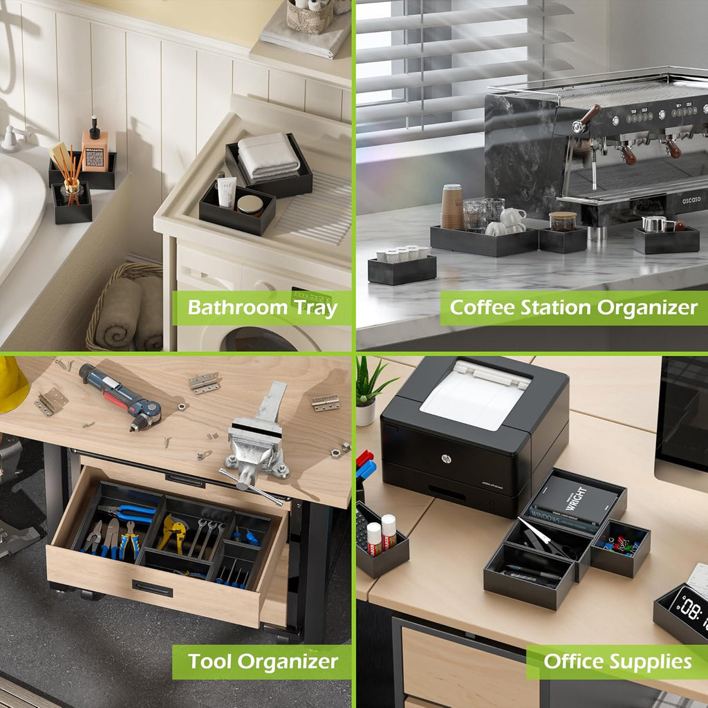 Bamboo Drawer Organizer Set, 5 PCS Multi-use Varied Sizes Junk Drawer Organizer Kitchen Storage Box for Office, Home, Bedroom, Bathroom, Black