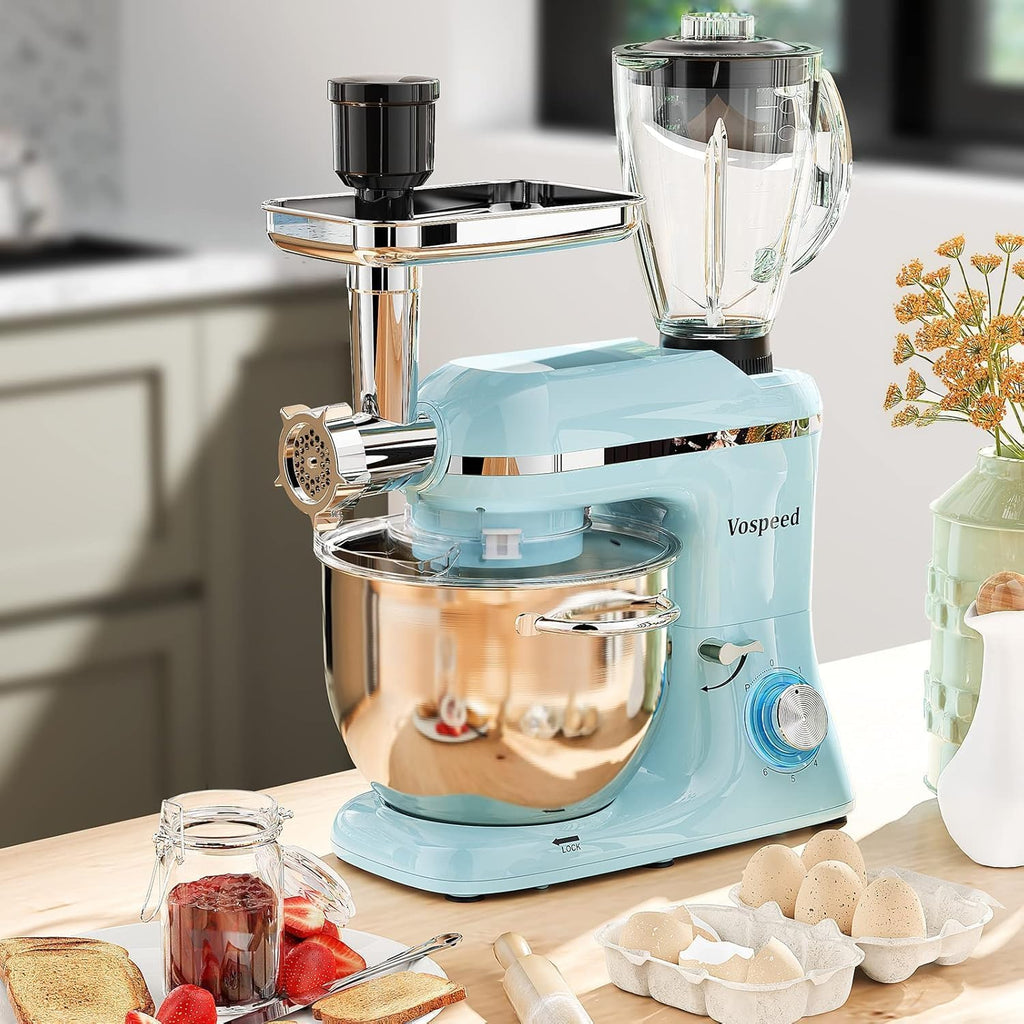 Vospeed 9 IN 1 Stand Mixer, 850W Tilt-Head Multifunctional Electric Mixer with 8 QT Stainless Steel Bowl, 1.5L Glass Jar, Meat Grinder, Hook, Whisk, Beater Dishwasher Safe (Blue)