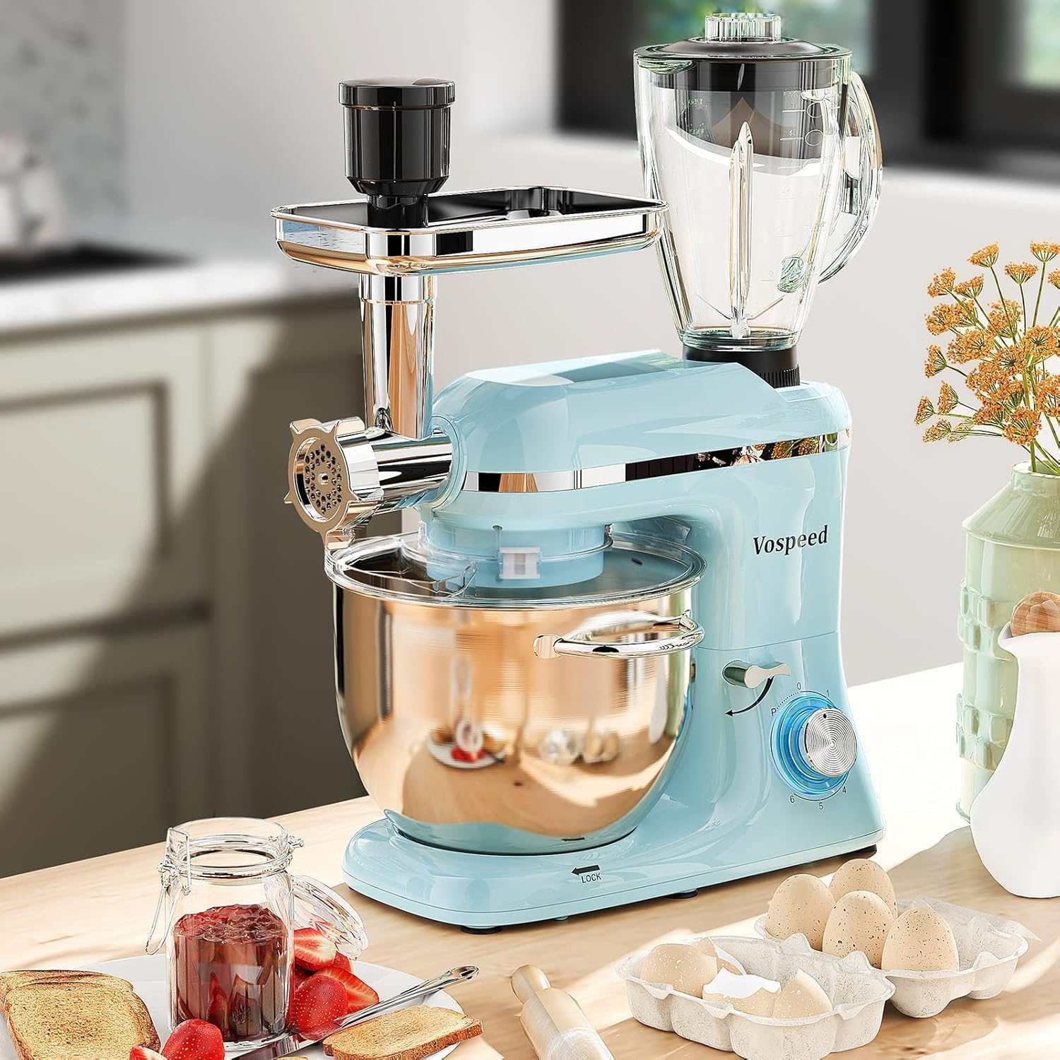 Vospeed 9 IN 1 Stand Mixer, 850W Tilt-Head Multifunctional Electric Mixer with 8 QT Stainless Steel Bowl, 1.5L Glass Jar, Meat Grinder, Hook, Whisk, Beater Dishwasher Safe (Blue)