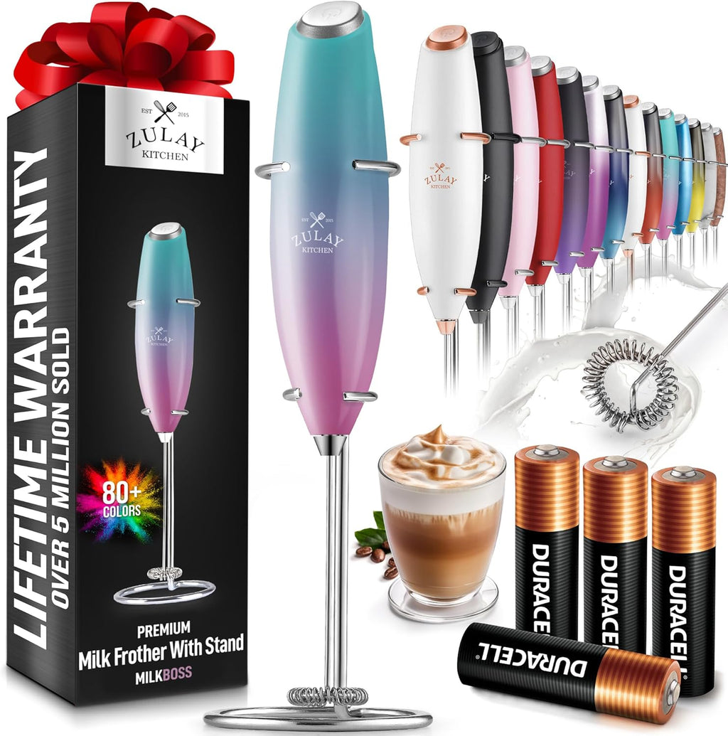 Zulay Kitchen Powerful Milk Frother Wand With 4 AA Duracell Batteries - Ultra Fast Handheld Drink Mixer - Electric Whisk Foam Maker for Coffee, Lattes, Cappuccino, Matcha & Creamer -