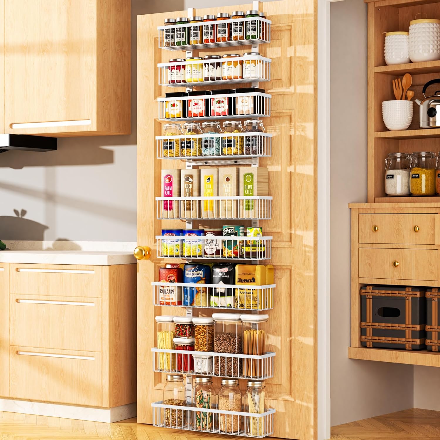 Moforoco 9-Tier White Over The Door Pantry Organizer, Pantry Organization and Storage, Black Hanging Basket Wall Spice Rack Seasoning Shelves, Home & Kitchen Bedroom Bathroom House Essentials