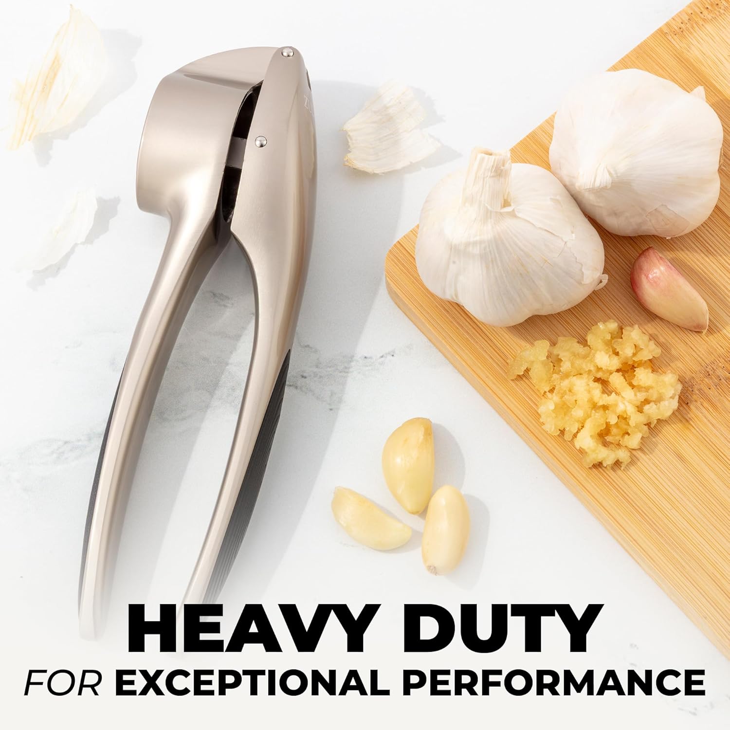 Zulay Kitchen Large Premium Garlic Press Set – Rust Proof & Dishwasher Safe, Bigger Bowl Garlic Mincer Tool with Silicone Garlic Peeler & Brush, Easy Squeeze & Clean, Ergonomic Handle - Silver
