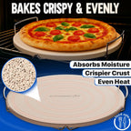KitchenStar 14-inch Pizza Stone for Oven and BBQ Grill with Handles, Round, 5/8" Thick - Natural Cordierite, 1800 °F Resistant, Baking Stone Set with Stainless Steel Rack & Plastic Scraper Tool