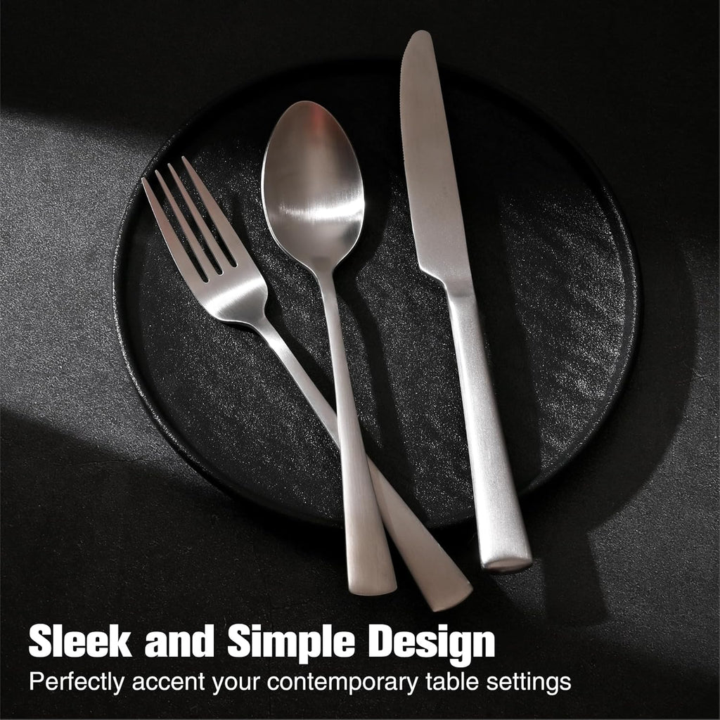 KINGSTONE Forged Silverware Set, 20 Piece Flatware Set for 4, 18/10 Stainless Steel Silverware Matte Satin Finish Dishwasher Safe