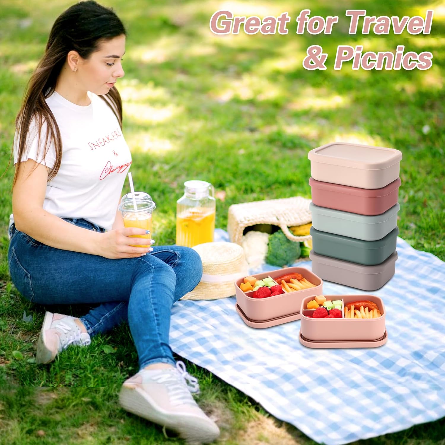 Honeydak 6 Pcs Silicone Bento Box 3 Compartment Reusable Lunch Container Smooth and Leakproof Meal Prep Lunch Box with Lid Stackable Meal Prep Container for Work Travel, 6 Colors(Bright Colors)