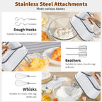 Cordless Electric Hand Mixer: 12 Speeds Powerful Handheld Mixer with 6 Stainless Steel Attachments (2 Beaters, 2 Dough Hooks, 2 Whisks), Snap-On Storage Case & Eject Button (White)