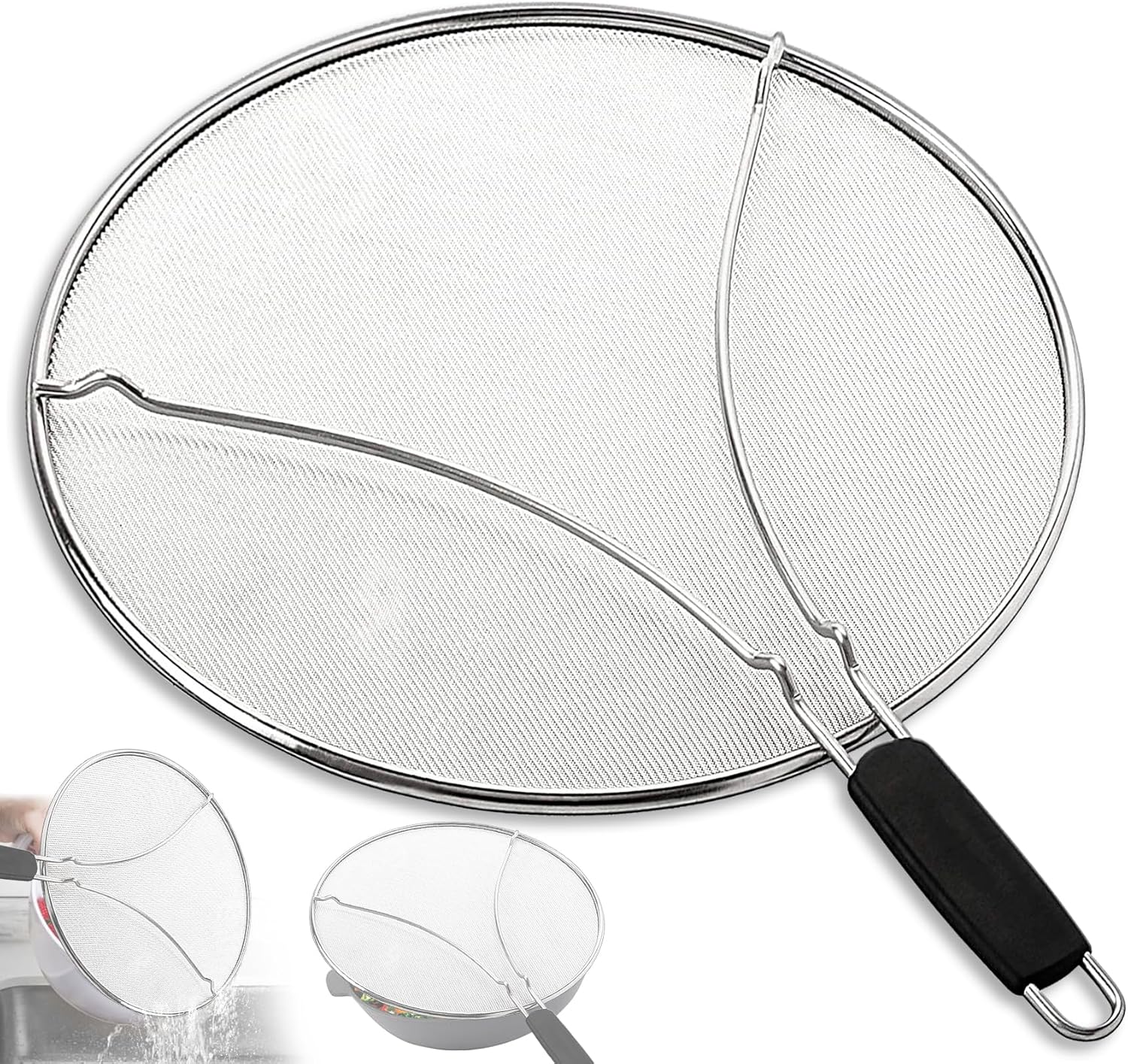 Splatter Screen for Frying Pan & Food Strainer,13 Inch Stainless Steel Grease Splatter Guard,Shield from Splashing Oil, Dishwasher Safe(Black)