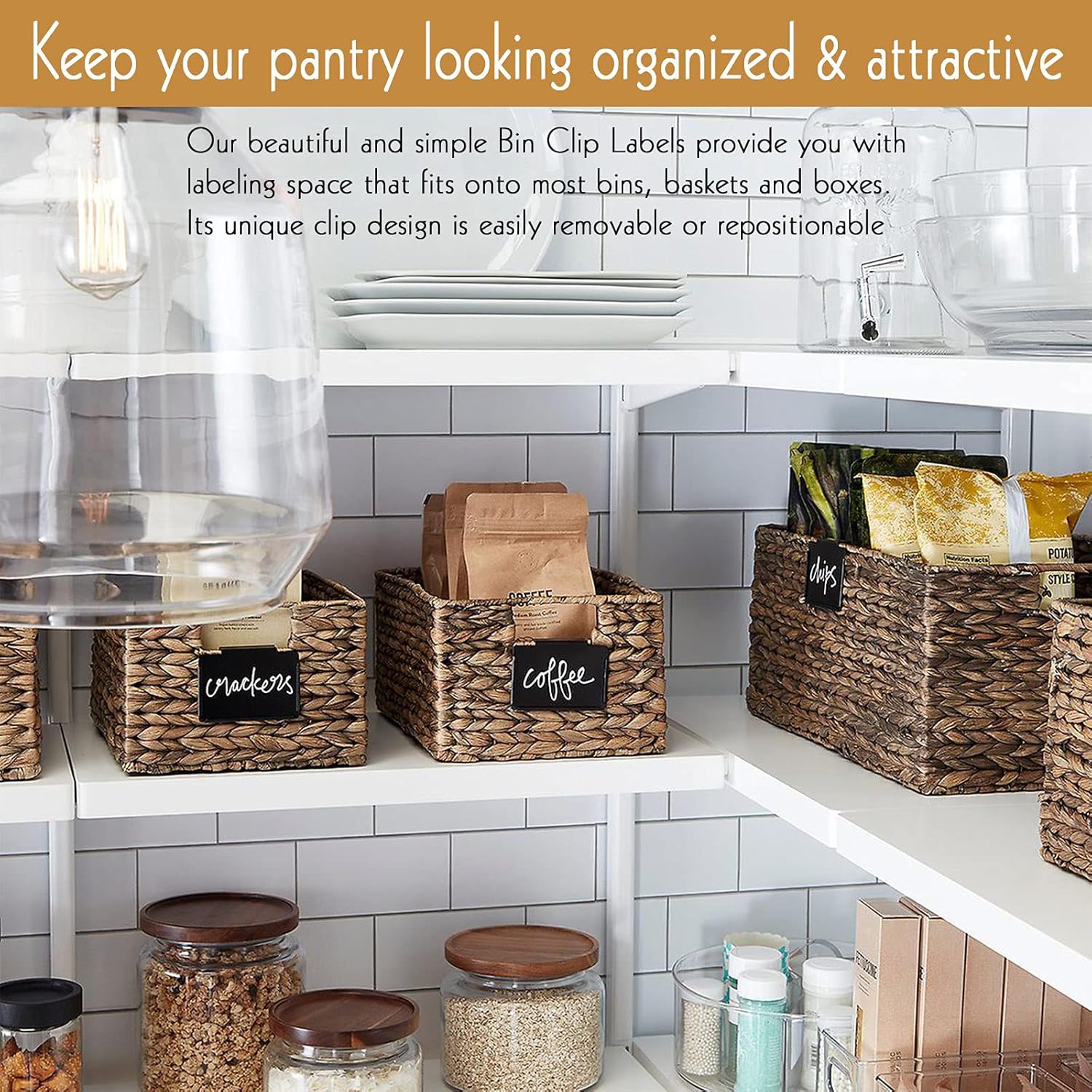 18 Pack Metal Pantry Baskets with Clips, Labels and 4 White Chalk Markers - Organization and Storage for Kitchen Bins