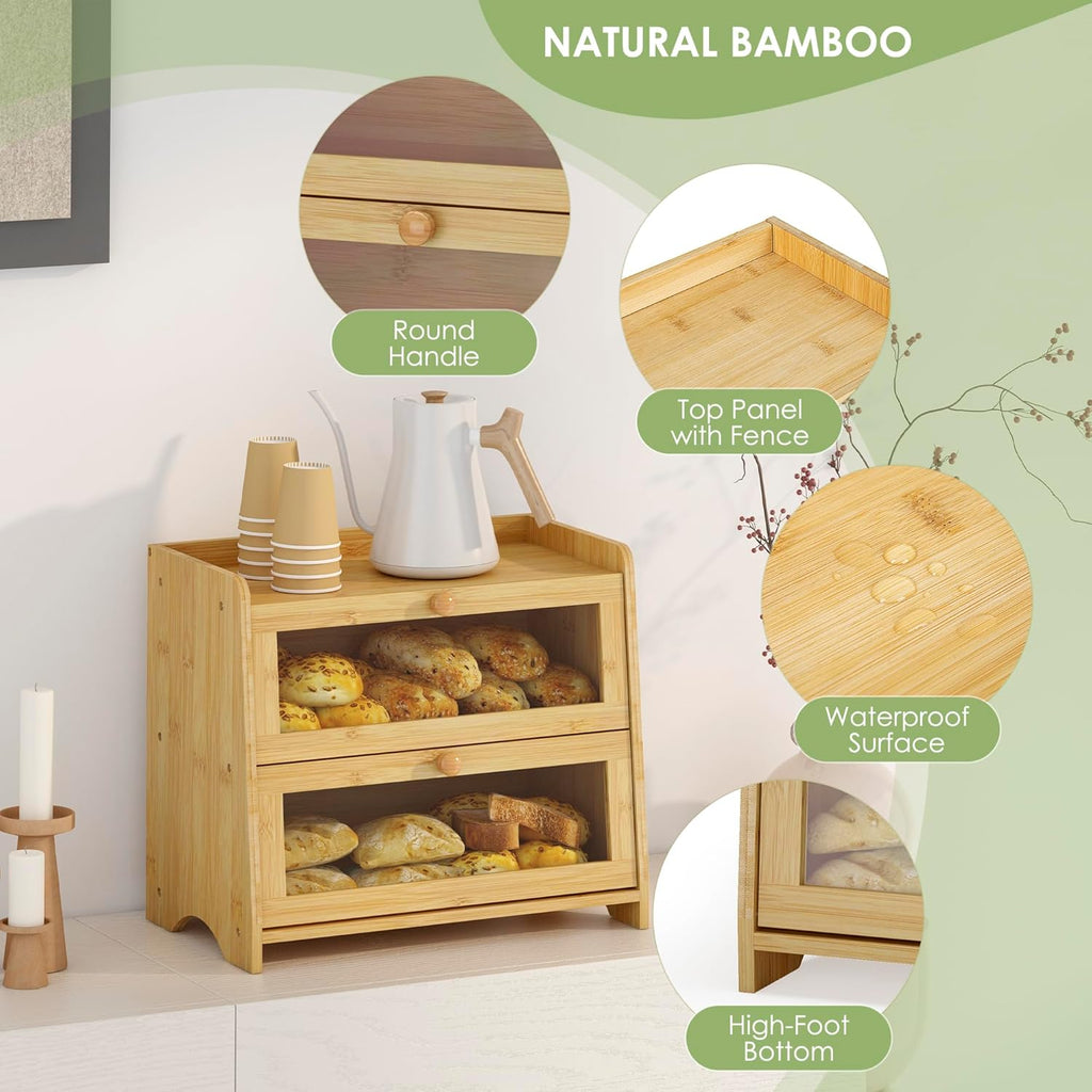 Double Layer Bread Box for Kitchen Countertop, Large Breadbox Bread with Windows, Wooden Farmhouse Bread Holder (Natural Bamboo)