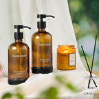 Glass Kitchen Soap Dispenser Set with Ceramic Tray,16.9 floz Hand and Dish Soap Dispenser for Kitchen and Bathroom Decor,Amber Kitchen Accessories(Amber Bottles + Black Pumps)