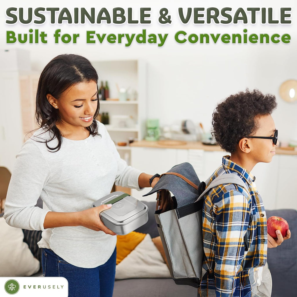 Everusely - Bento Box - Sage, 60oz / 1.8 L - Stainless Steel Lunch Box with Leakproof Condiment Container - 3 Compartment Snack Organizer for On the Go Meals - Freezer & Dishwasher Safe
