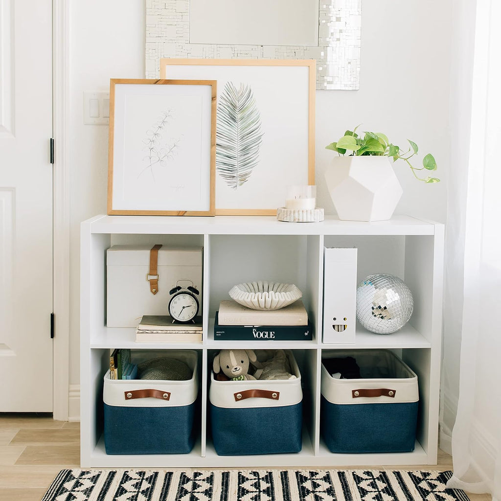 OrganiHaus Large Fabric Storage Baskets for Shelves 3 Pack, 15x11in Closet Storage Bins for Shelves, Cloth Baskets for Organizing, Linen Closet Organizers, Fabric Basket - Navy Blue/White