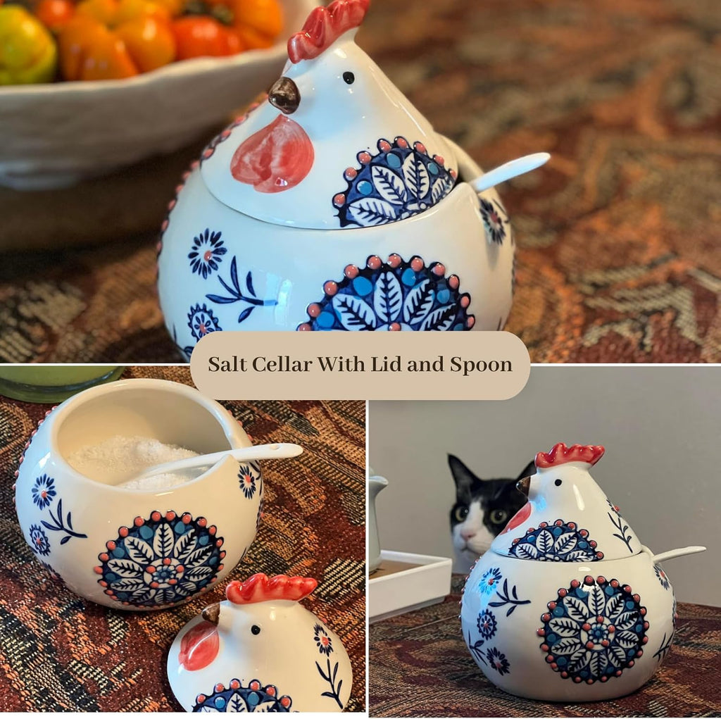 13.5 Oz Salt Cellar With Lid and Spoon (Blue)- Ceramic Chicken Spice Jars for Salt, Sugar, Pepper - Spice Containers for Countertop