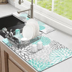 Findosom 2PCS 16" x 24" Dish Drying Mat & 24" x 5.5" Sink Splash Guard, Super Absorbent & Cuttable Dish Mat Drying Kitchen Mat with Teal Floral, Hide Stain Drying Mat for Kitchen Counter