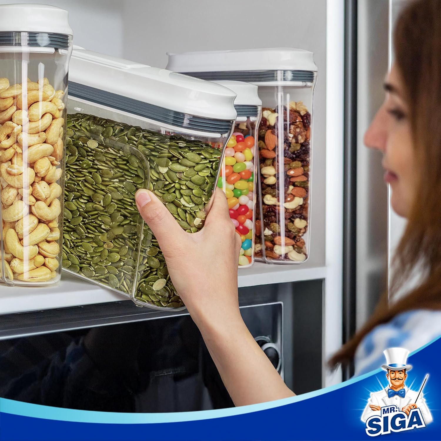 MR.SIGA Airtight Cereal Dispenser Set, Storage Containers for Dry Goods, Nuts, Beans, Snacks, BPA Free, 1.3 L / 1.37 Qt, Small, Clear, 2 Pack