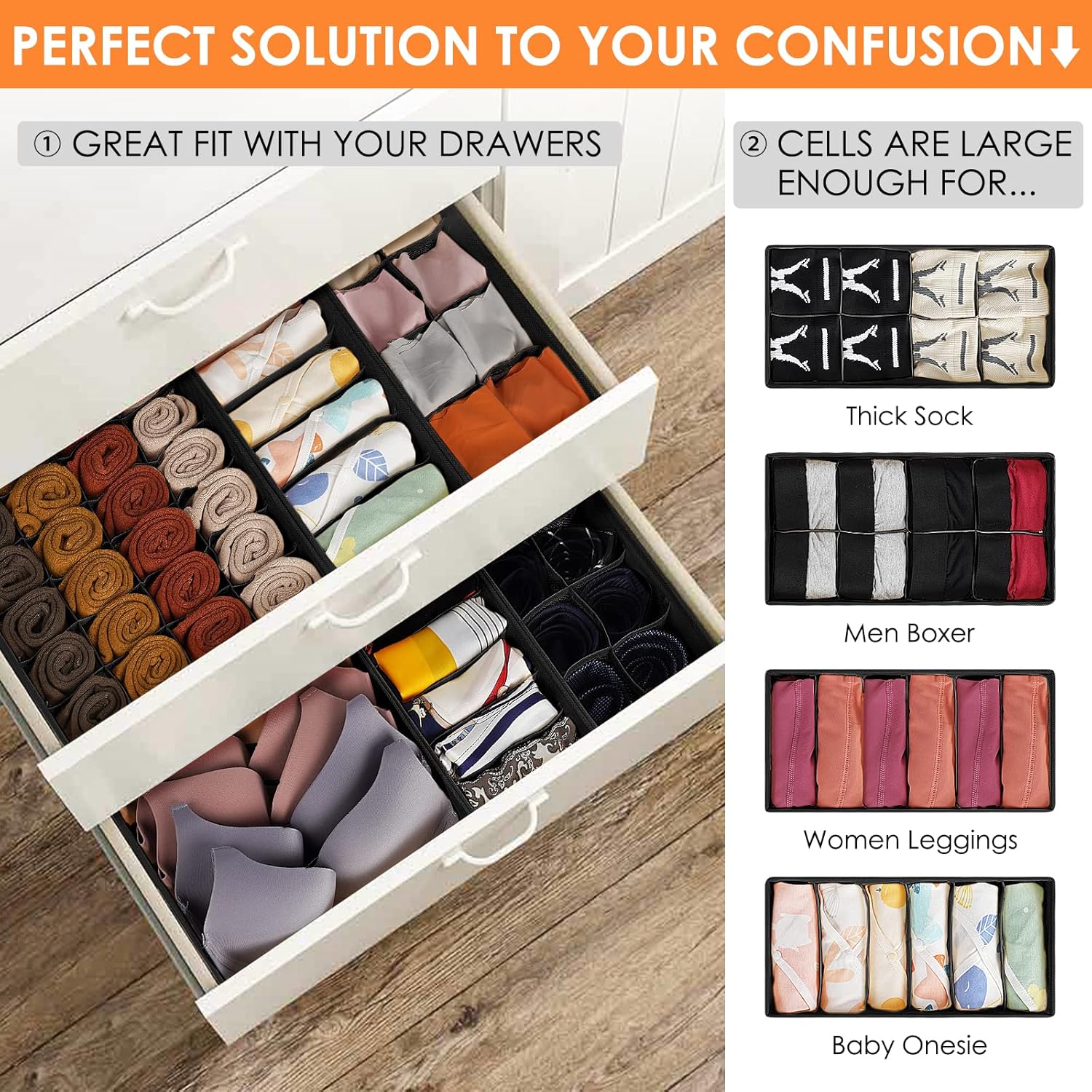 6 Pack Sock Underwear Drawer Organizer Dividers, 58 Cell Foldable Fabric Dresser Closet Organizers and Storage Bins for Clothing, Baby Clothes, Bra, Panty, Scarf, Ties (Black)