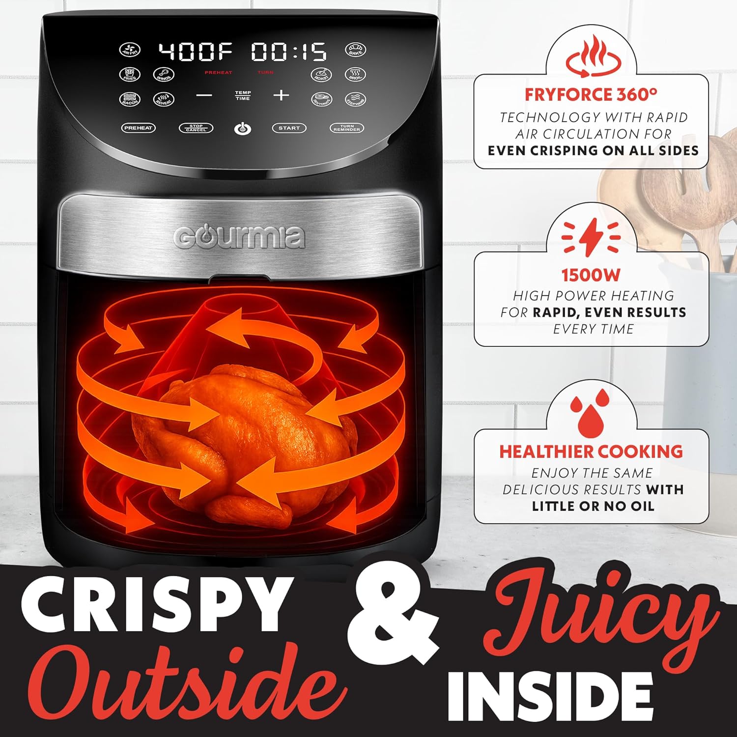 Gourmia Digital Air Fryer – 7 QT, FryForce 360° Technology, 10 Presets, Guided Cooking Prompts, Auto Shut-Off, Dishwasher Safe Basket, 1500W, black/Stainless Steel