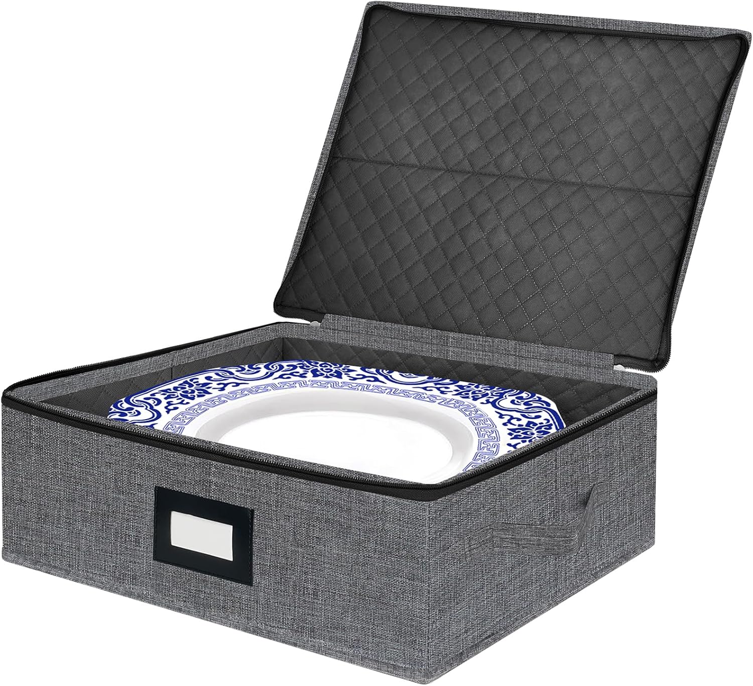 Platter Storage Case - Stackable China Storage Containers Hard Shell with Durable Zipper & Label & Sturdy Handles, 5.3” Height, Structured Top, 4 Felt Dividers Included (Dark Gray)