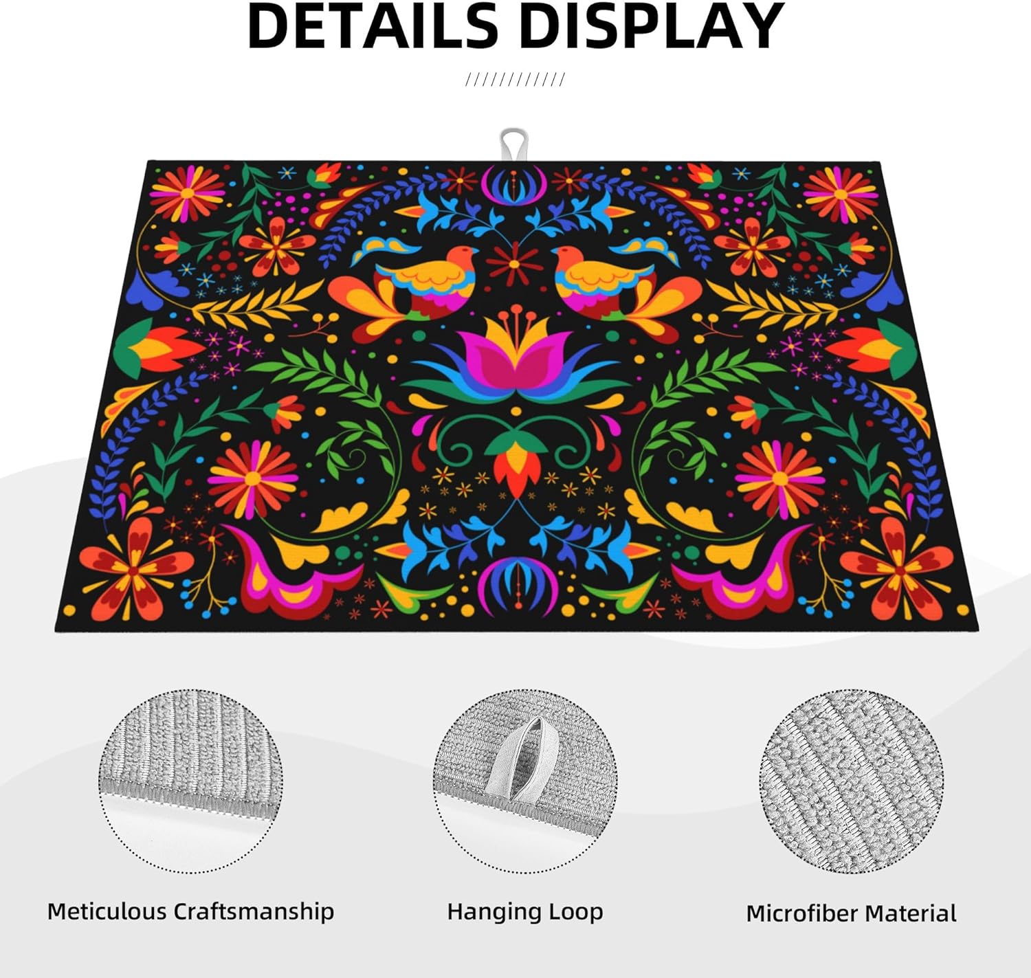 Mexican Flower Microfiber Dish Drying Mat for Kitchen Counter Mexican Dishes Pad Black Dish Drainer Rack Mats 18"x24" Absorbent Washable Reusable