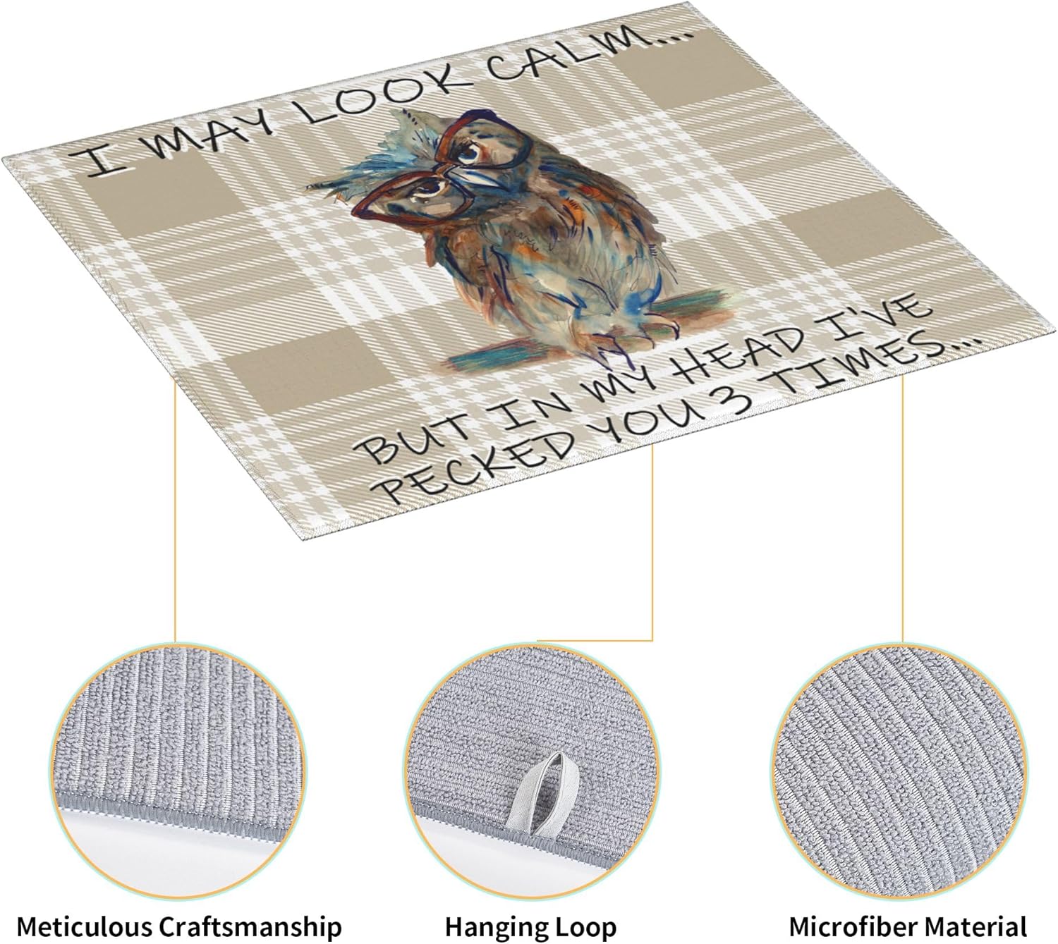 Funny Owl Dish Drying Mat for Kitchen Counter Cute Buffalo Plaid Drying Mat Washable Absorbent Reversible Microfiber Drying Pad Kitchen Accessories 16"x18"