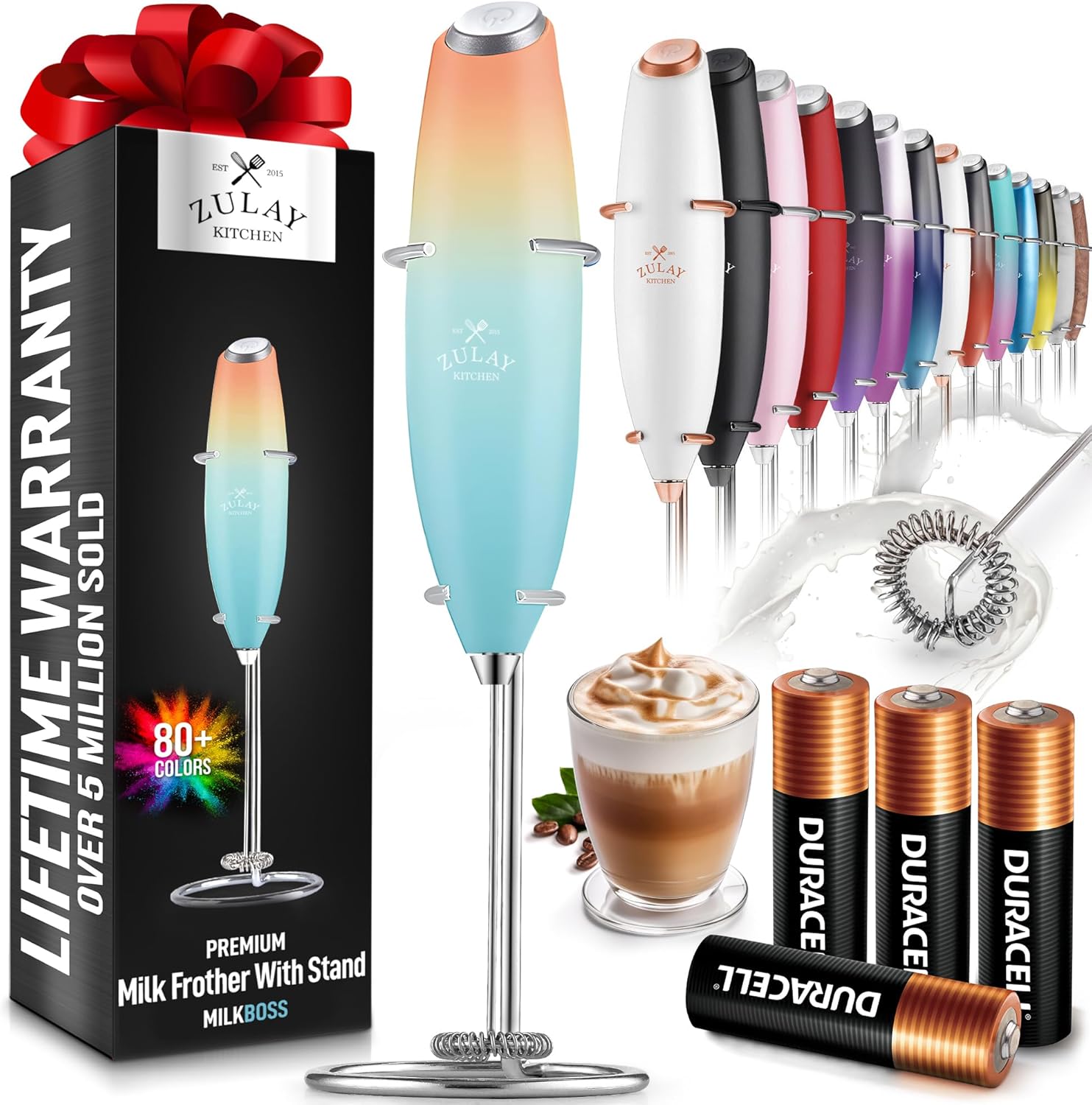 Zulay Kitchen Powerful Milk Frother Wand With 4 AA Duracell Batteries - Ultra Fast Handheld Drink Mixer - Electric Whisk Foam Maker for Coffee, Lattes, Cappuccino, Matcha & Creamer -