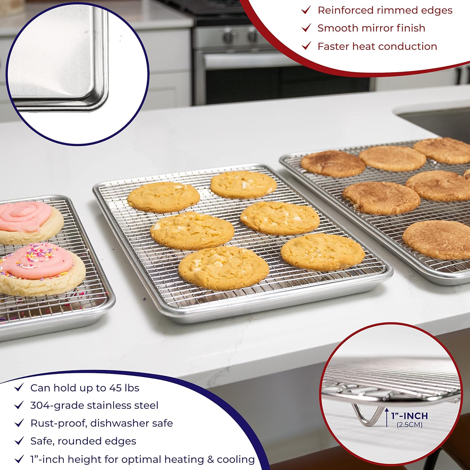 KITCHENATICS Aluminum Baking Pan Half Sheet with Grid: Baking Sheet with Wire Rack, 13 x 18 Baking Trays with Stainless Steel Wire Cooling Rack for Baking, Easy Clean, Commercial Quality, Heavy Duty
